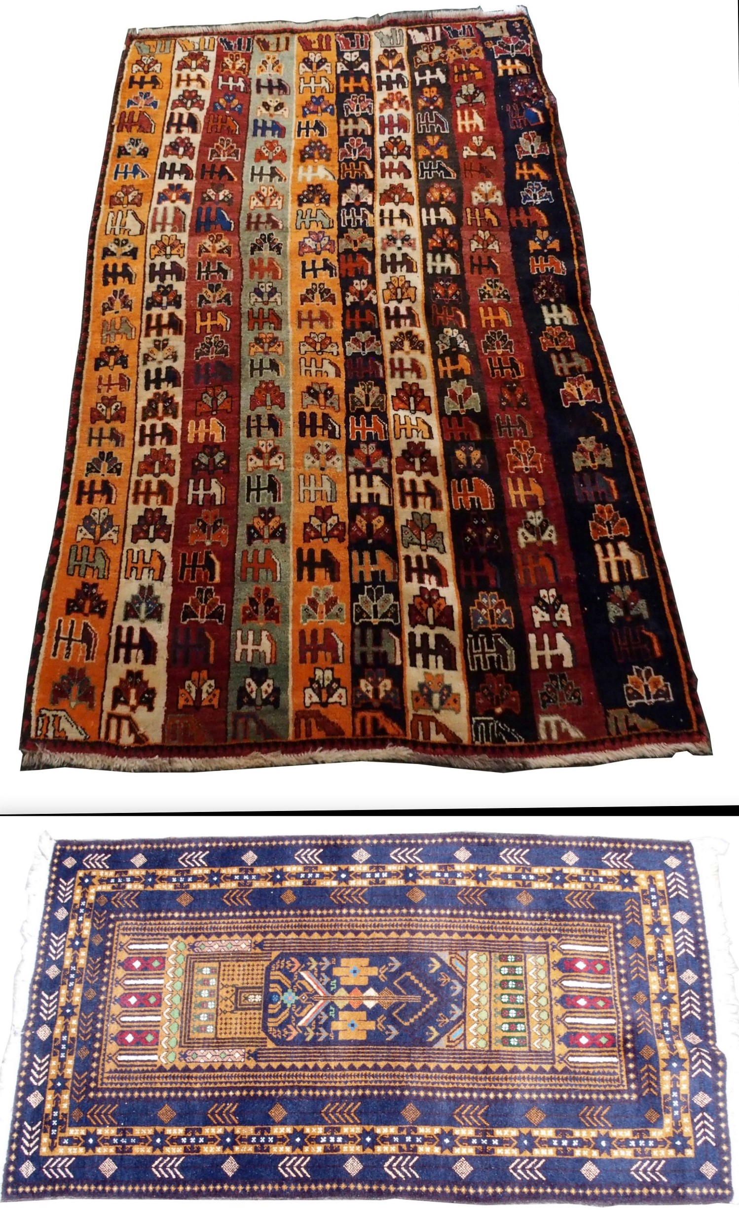 A QUASQAI RUG with ten columns with geometric design, 213cm x 127cm and a blue ground Eastern rug