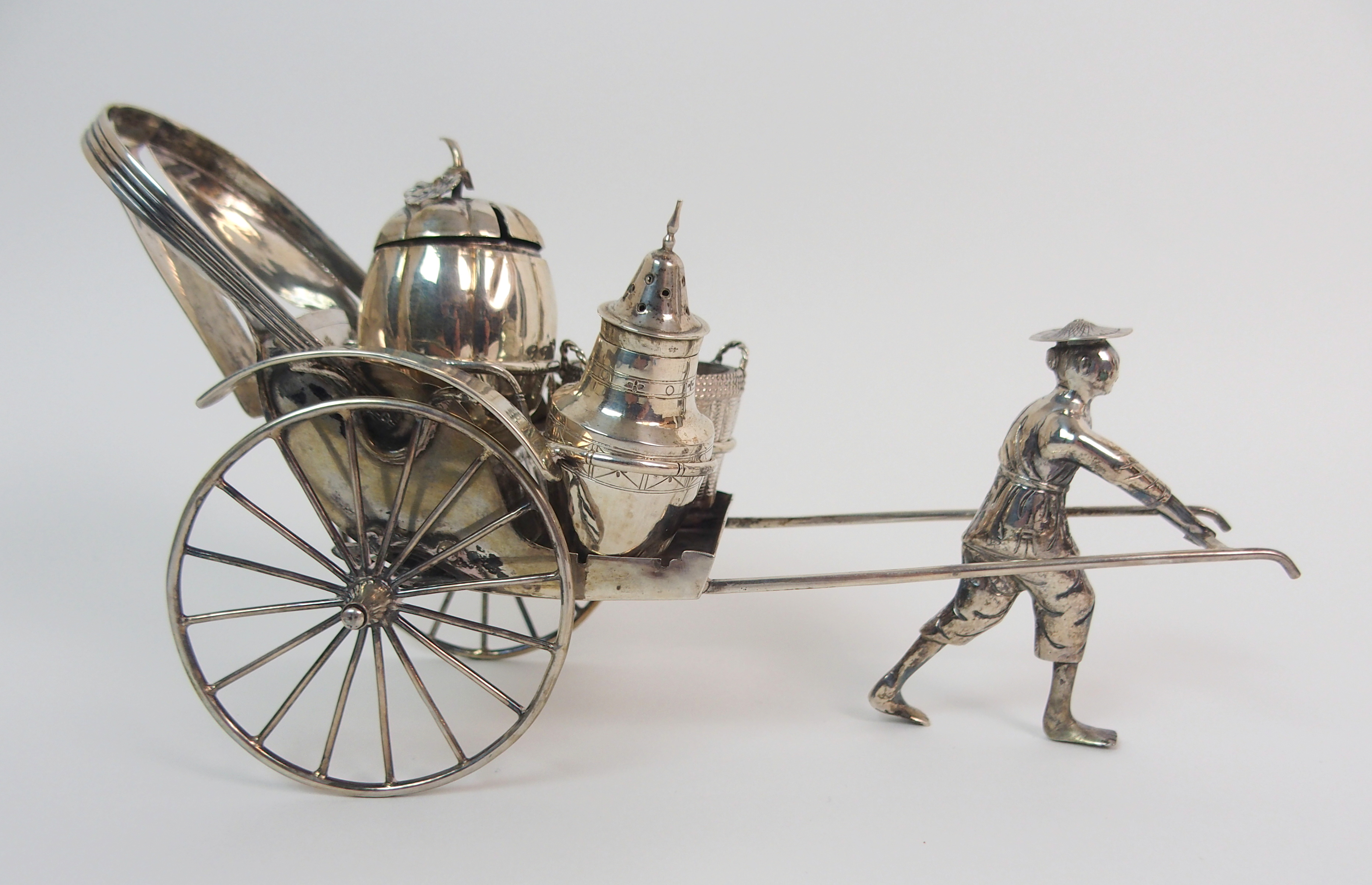 A CHINESE SILVER RICKSHAW CRUET of traditional type with salt, pepper and mustard pot, the carriage, - Image 4 of 10