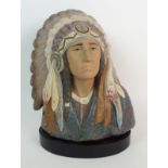 A LLADRO GRES GLAZE INDIAN CHIEF BUST designed by Francisco Catalá from 1983-1987, 31.5cm high