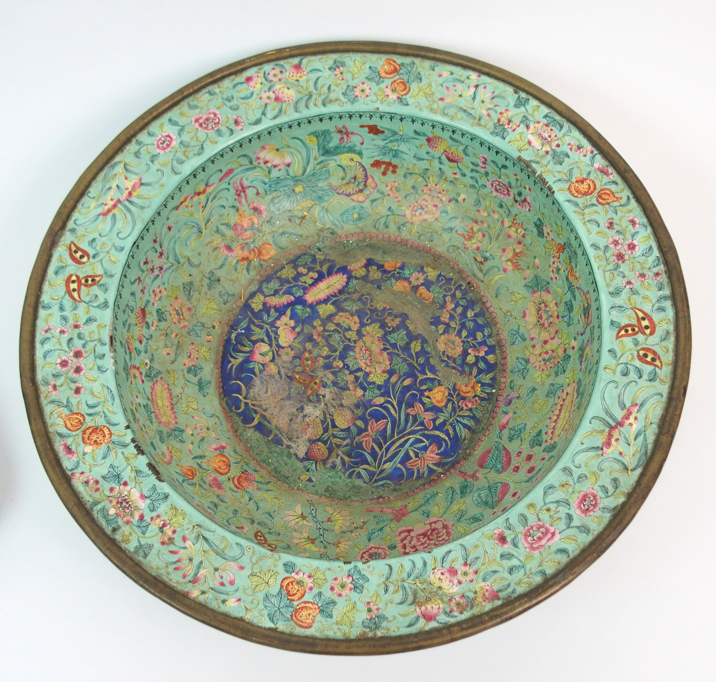 A CANTONESE ENAMEL WASH BASIN painted allover with fruit and flowers (damages), 42.5cm diameter, - Image 3 of 10