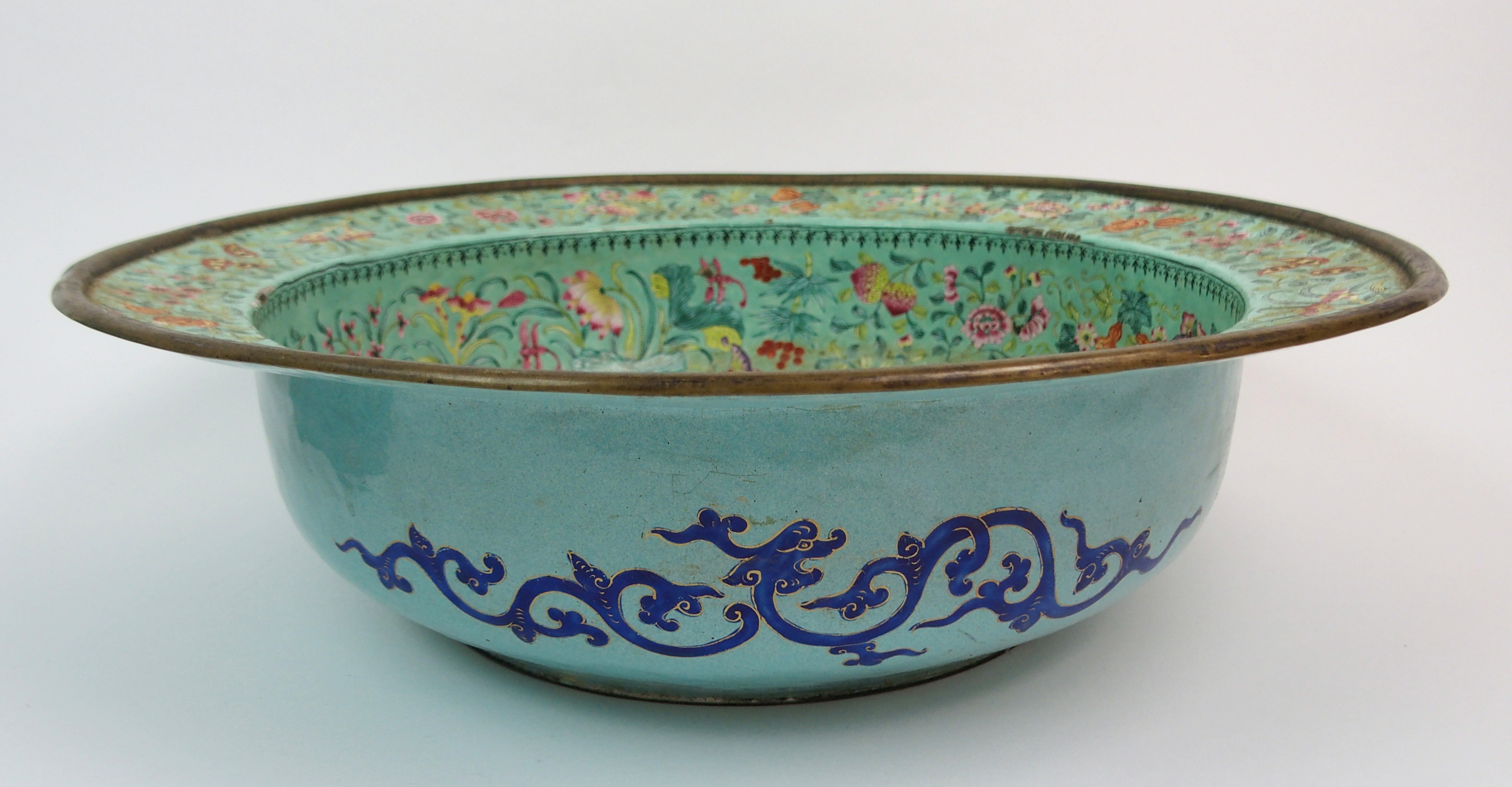 A CANTONESE ENAMEL WASH BASIN painted allover with fruit and flowers (damages), 42.5cm diameter, - Image 2 of 10