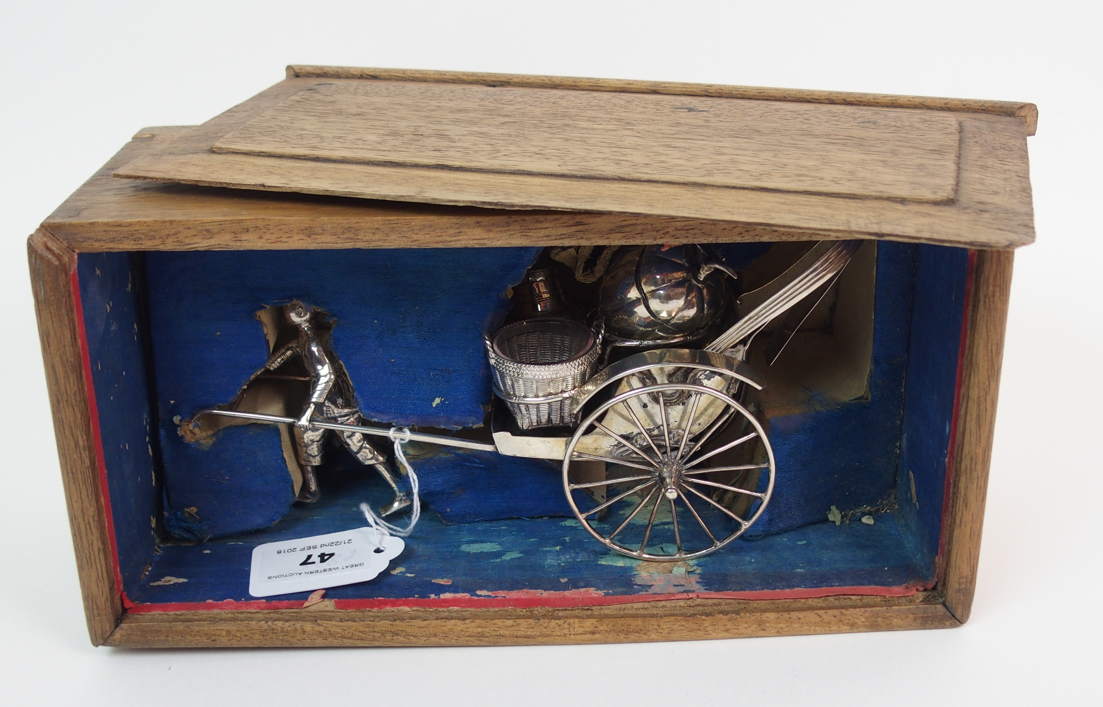 A CHINESE SILVER RICKSHAW CRUET of traditional type with salt, pepper and mustard pot, the carriage, - Image 9 of 10