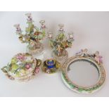 A MEISSEN WALL MIRROR the oval plate in a frame with moulded leaves and jewelled decoration,