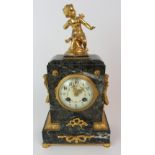 A FRENCH GREEN MARBLE CLOCK of rectangular form with ormolu mounted cherub finial, the sides with