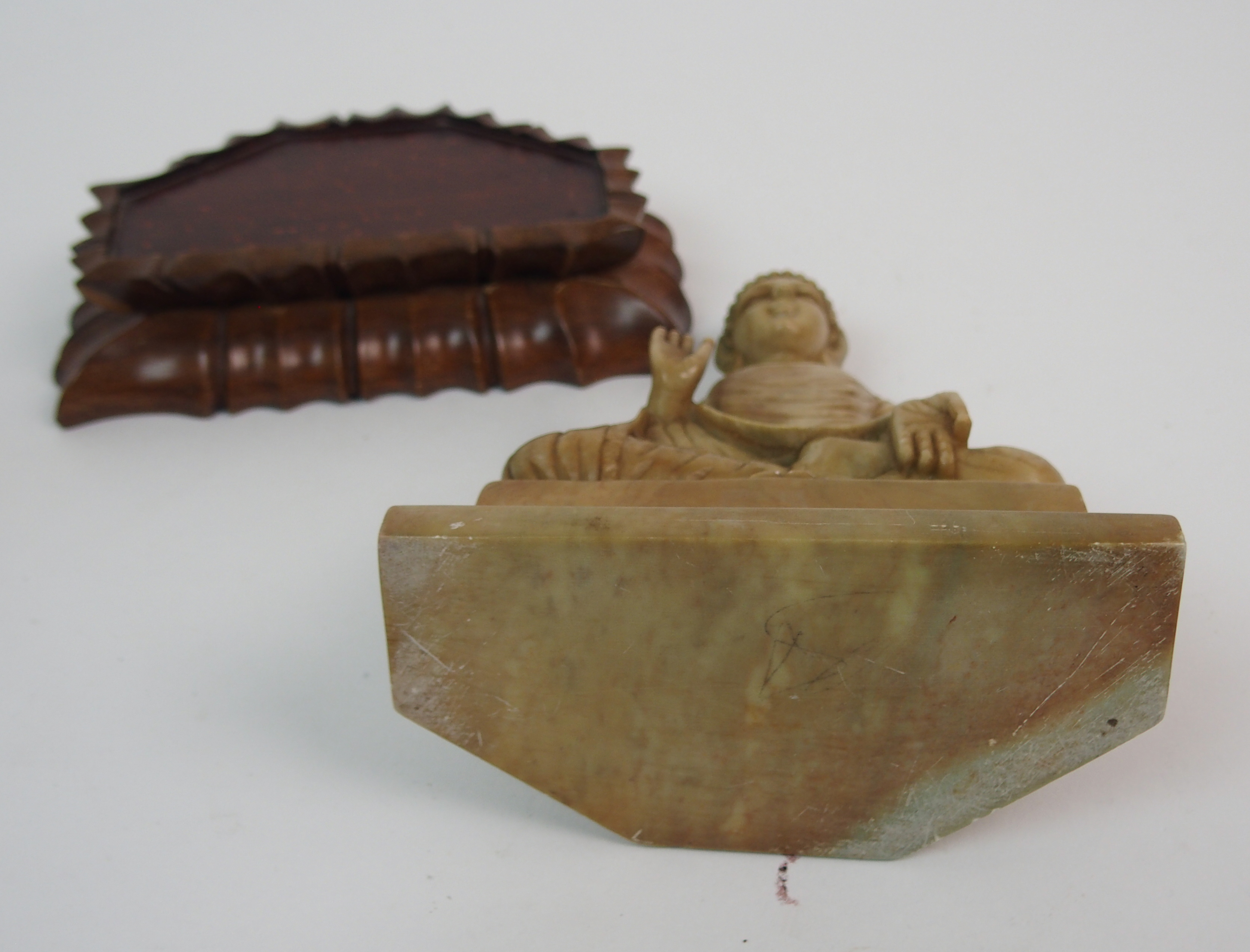 A CHINESE SOAPSTONE CARVING OF BUDDHA 17.5cm high, wood stand, peacock and hen on rockwork, 17cm - Image 7 of 10