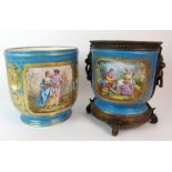 A SEVRES STYLE JARDINIERE the turquoise ground painted with a courting couple in a landscape, and