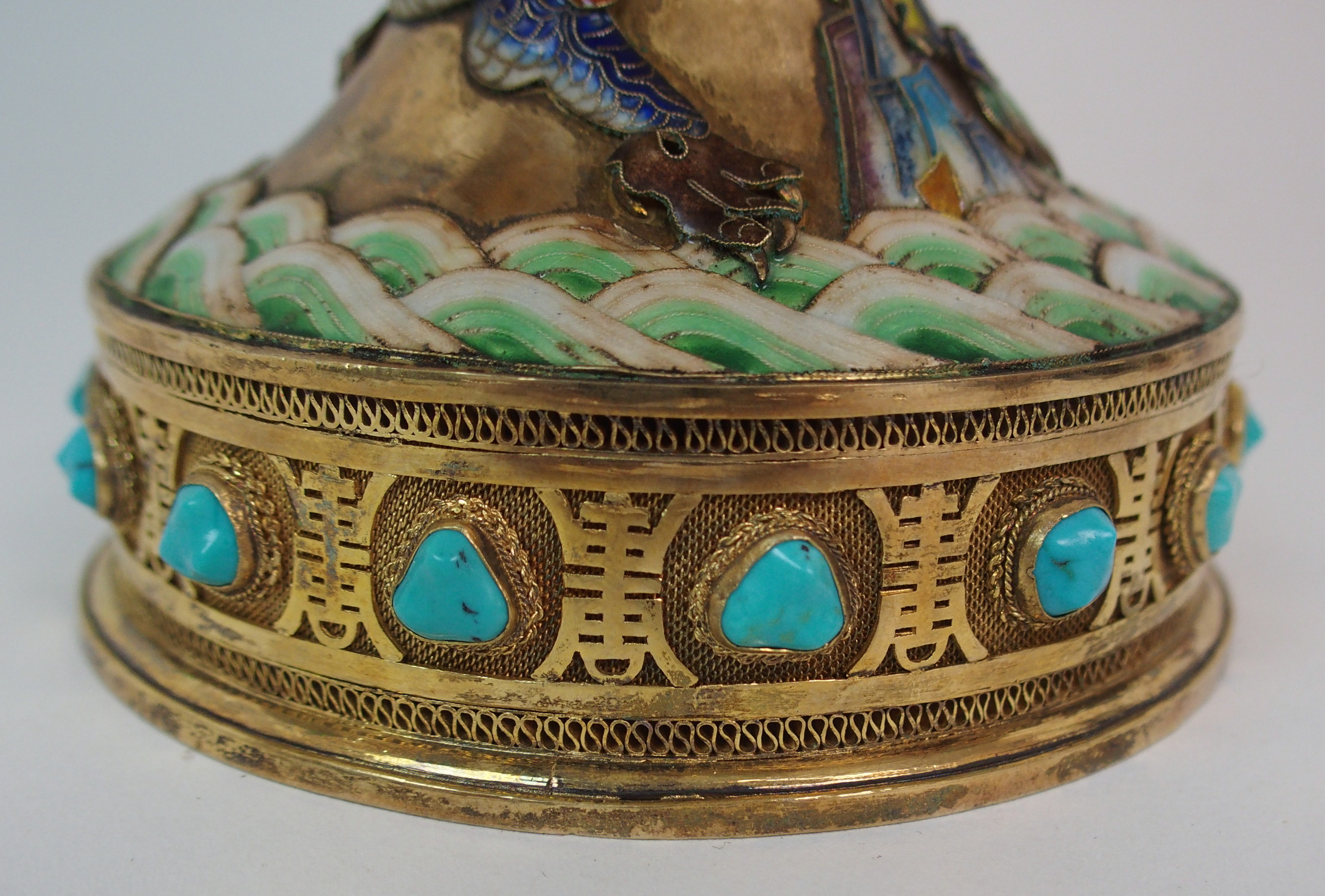 A CHINESE GILT METAL, ENAMEL AND HARDSTONE HEXAGONAL PAGODA CENSER decorated with a peacock finial - Image 5 of 10