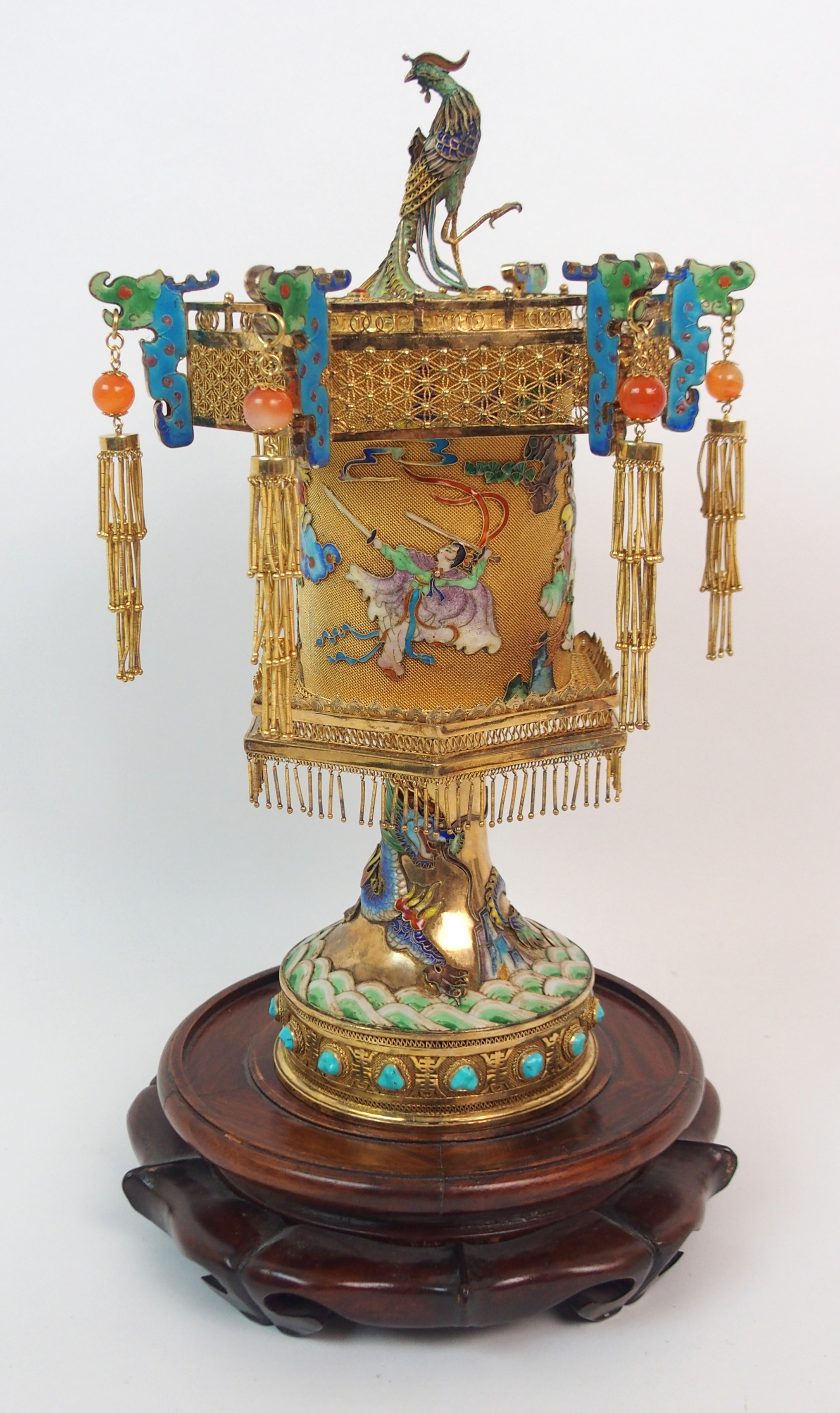 A CHINESE GILT METAL, ENAMEL AND HARDSTONE HEXAGONAL PAGODA CENSER decorated with a peacock finial