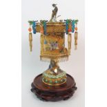 A CHINESE GILT METAL, ENAMEL AND HARDSTONE HEXAGONAL PAGODA CENSER decorated with a peacock finial