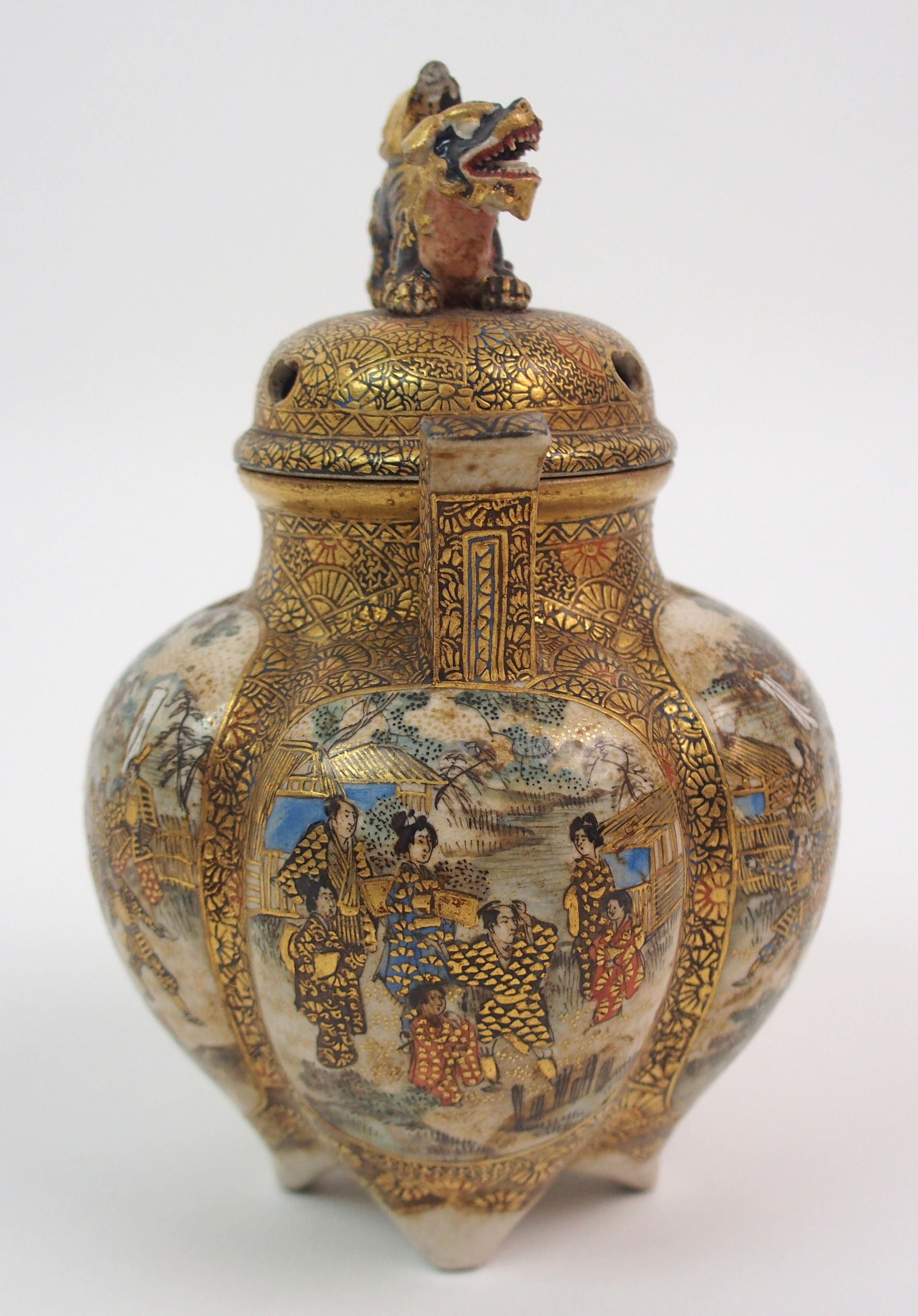 A SATSUMA KORO the cover with shishi finial above a quatrefoil lobed body painted with numerous - Image 4 of 10