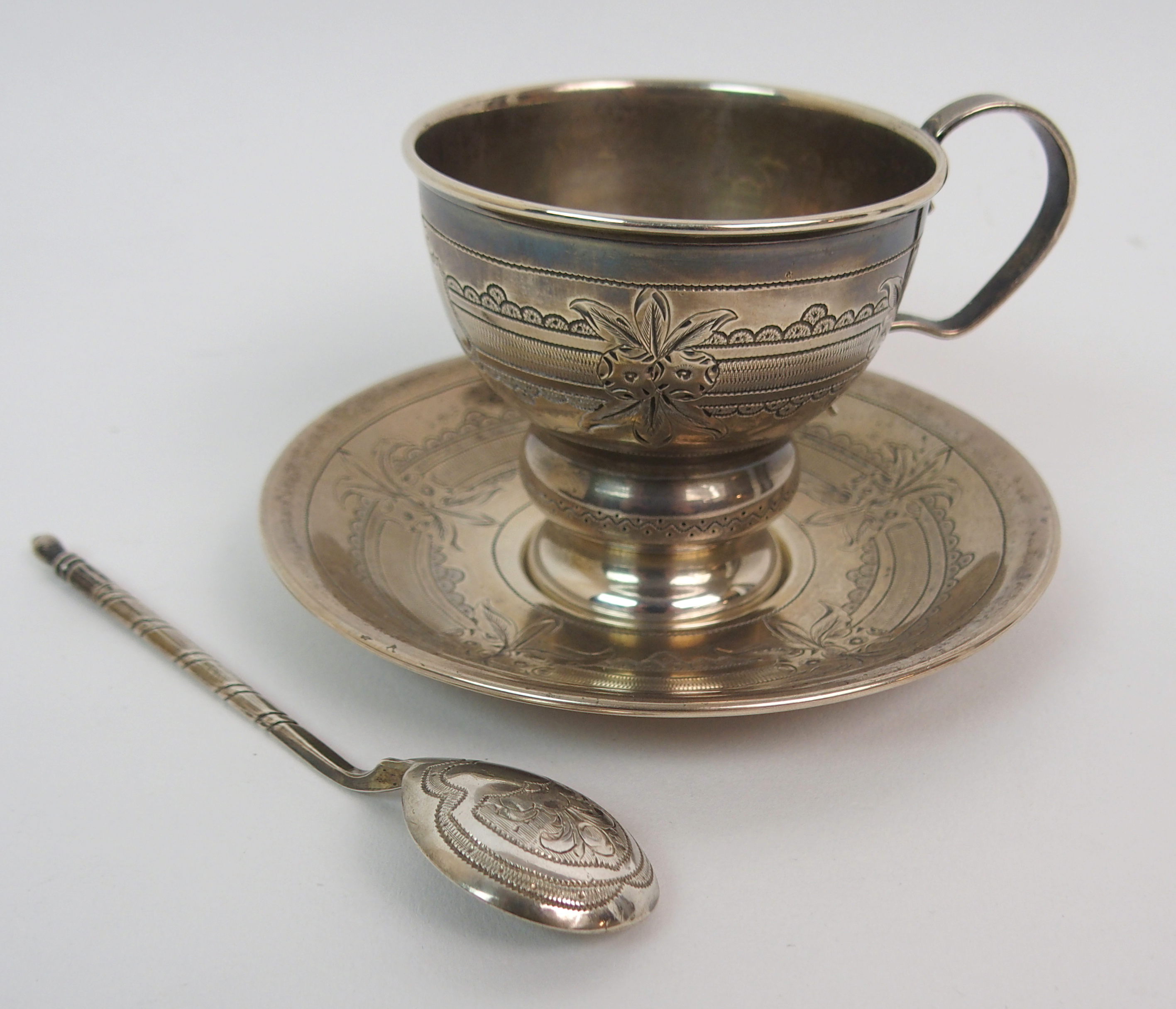 A RUSSIAN SILVER COFFEE CUP AND SAUCER by Ivan Kaltikov, Moscow circa 1875, the cup of bulbous - Image 2 of 10