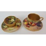 A ROYAL WORCESTER CABINET CUP AND SAUCER painted with fruit and signed Ricketts, circa 1913 together