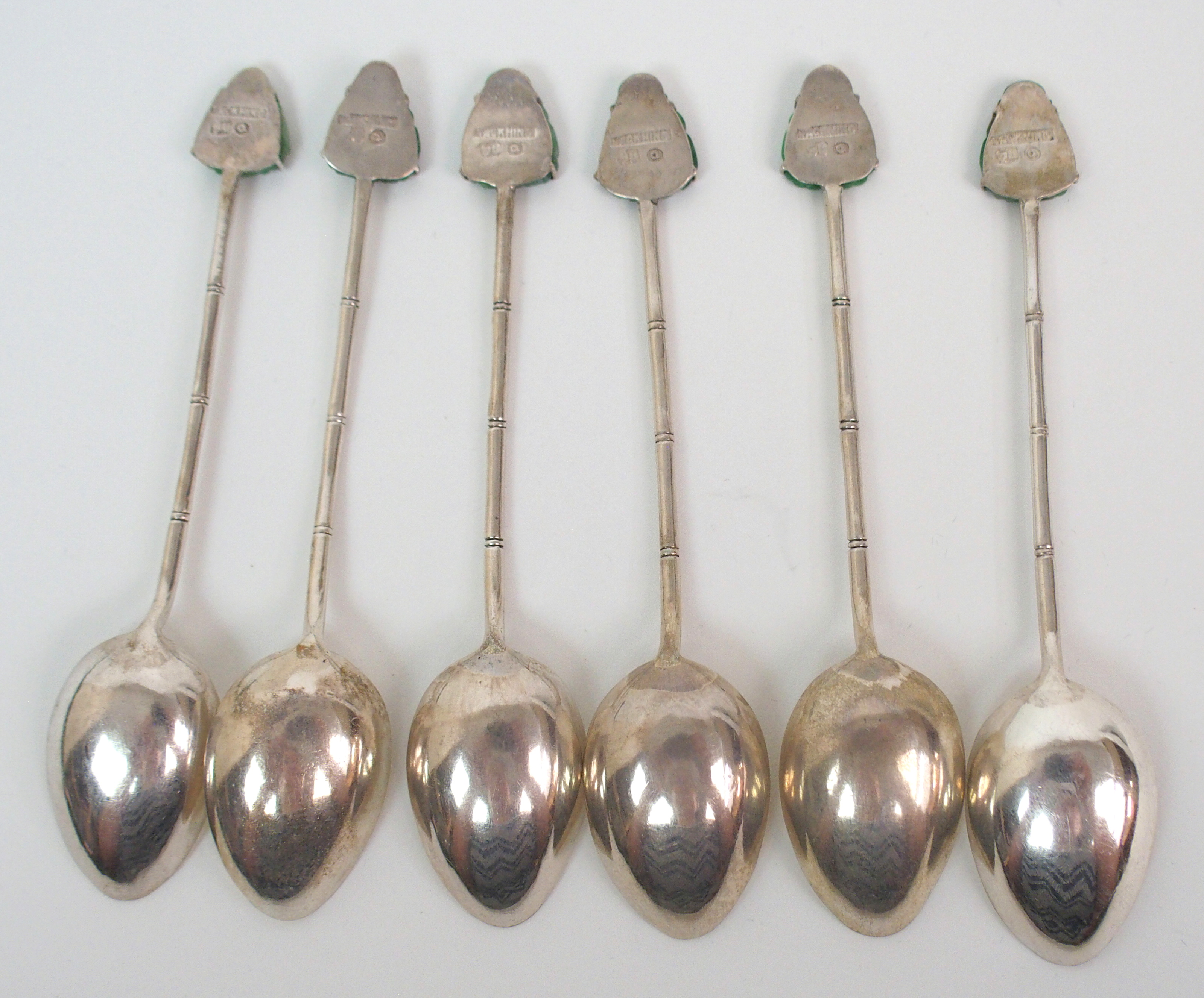 A SET OF SIX CHINESE SILVER TEASPOONS each set with a hardstone carving of Buddha, stamped Tack - Image 6 of 7