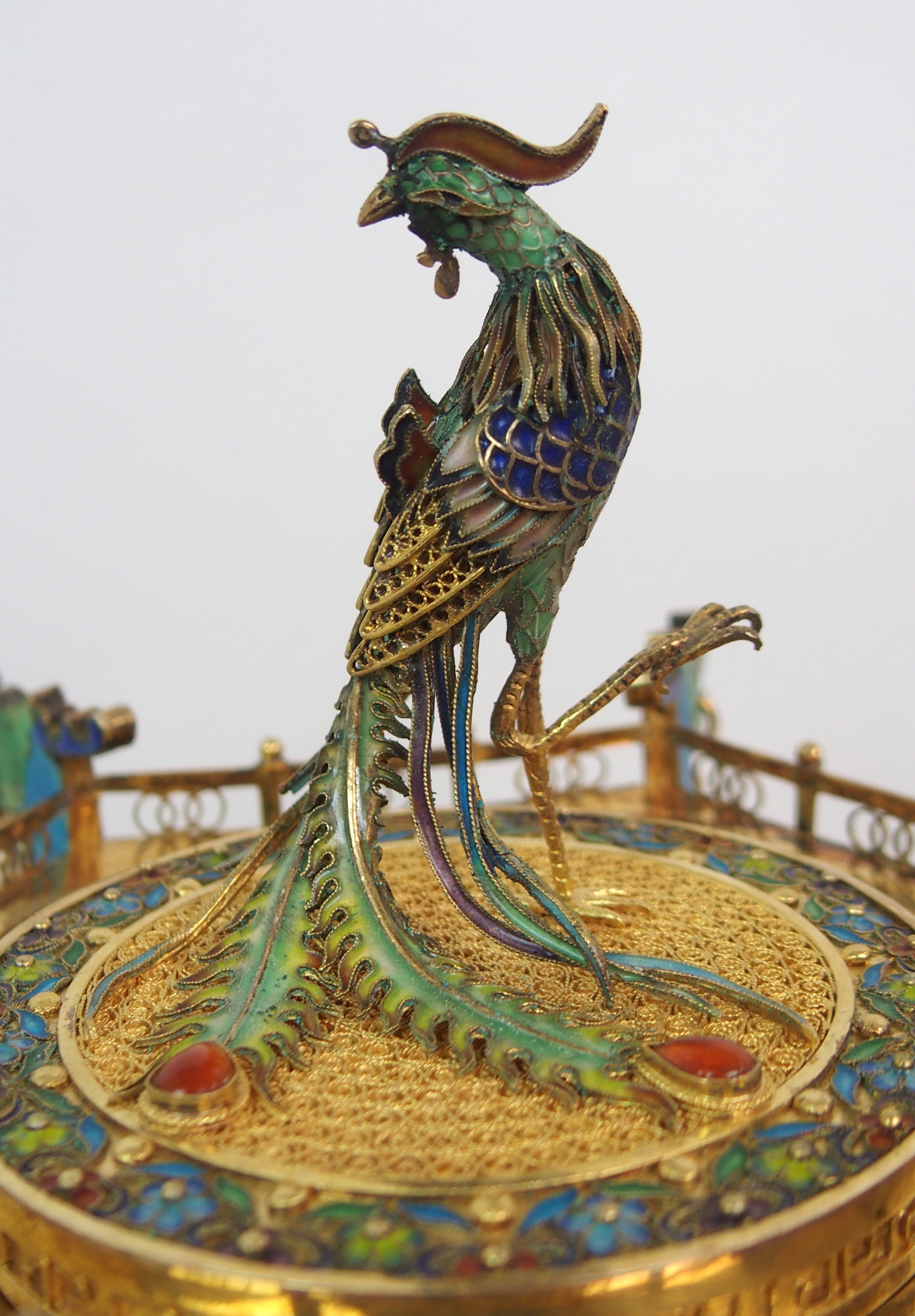 A CHINESE GILT METAL, ENAMEL AND HARDSTONE HEXAGONAL PAGODA CENSER decorated with a peacock finial - Image 2 of 10