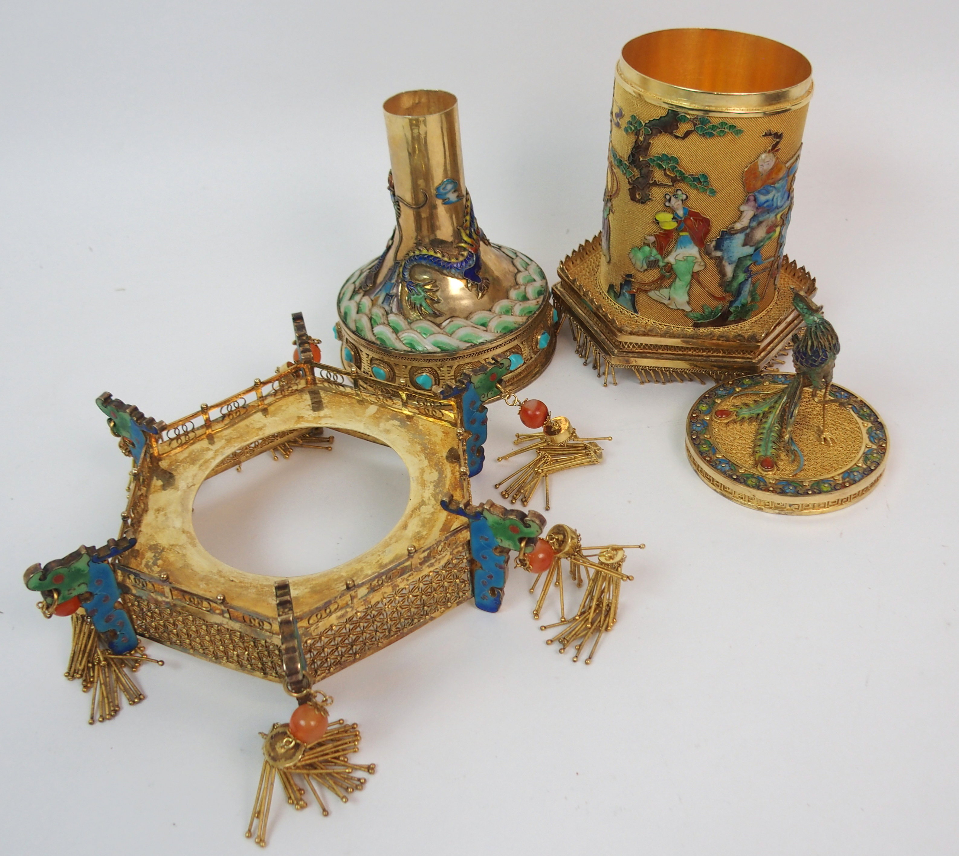 A CHINESE GILT METAL, ENAMEL AND HARDSTONE HEXAGONAL PAGODA CENSER decorated with a peacock finial - Image 8 of 10