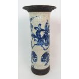 A CHINESE CRACKLEWARE RELIEF MOULDED VASE painted with warriors within bronzed coloured bands,