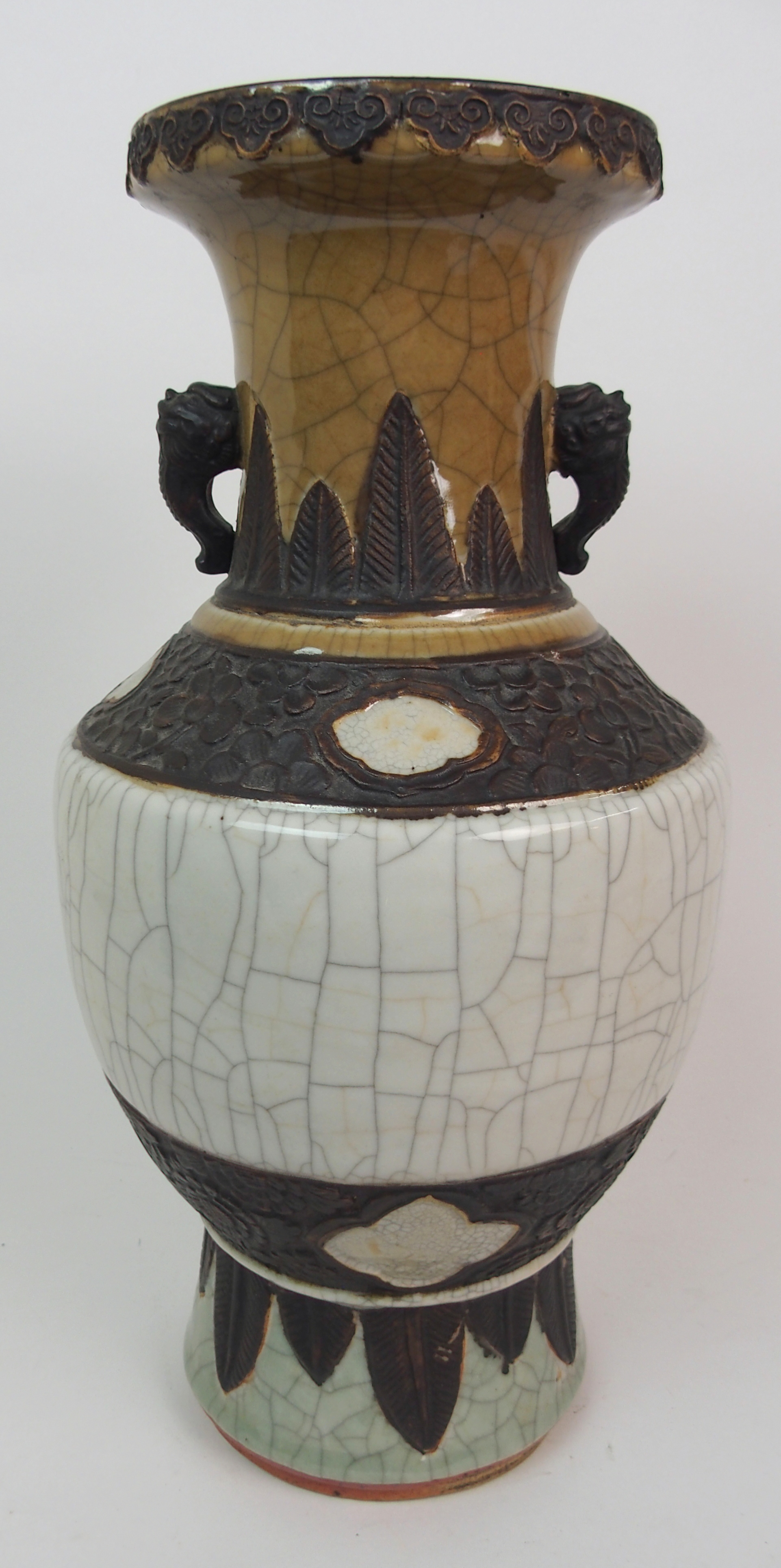 A CHINESE CRACKLEWARE THREE COLOUR VASE with grotesque handles and bands of foliage within stiff - Image 7 of 10