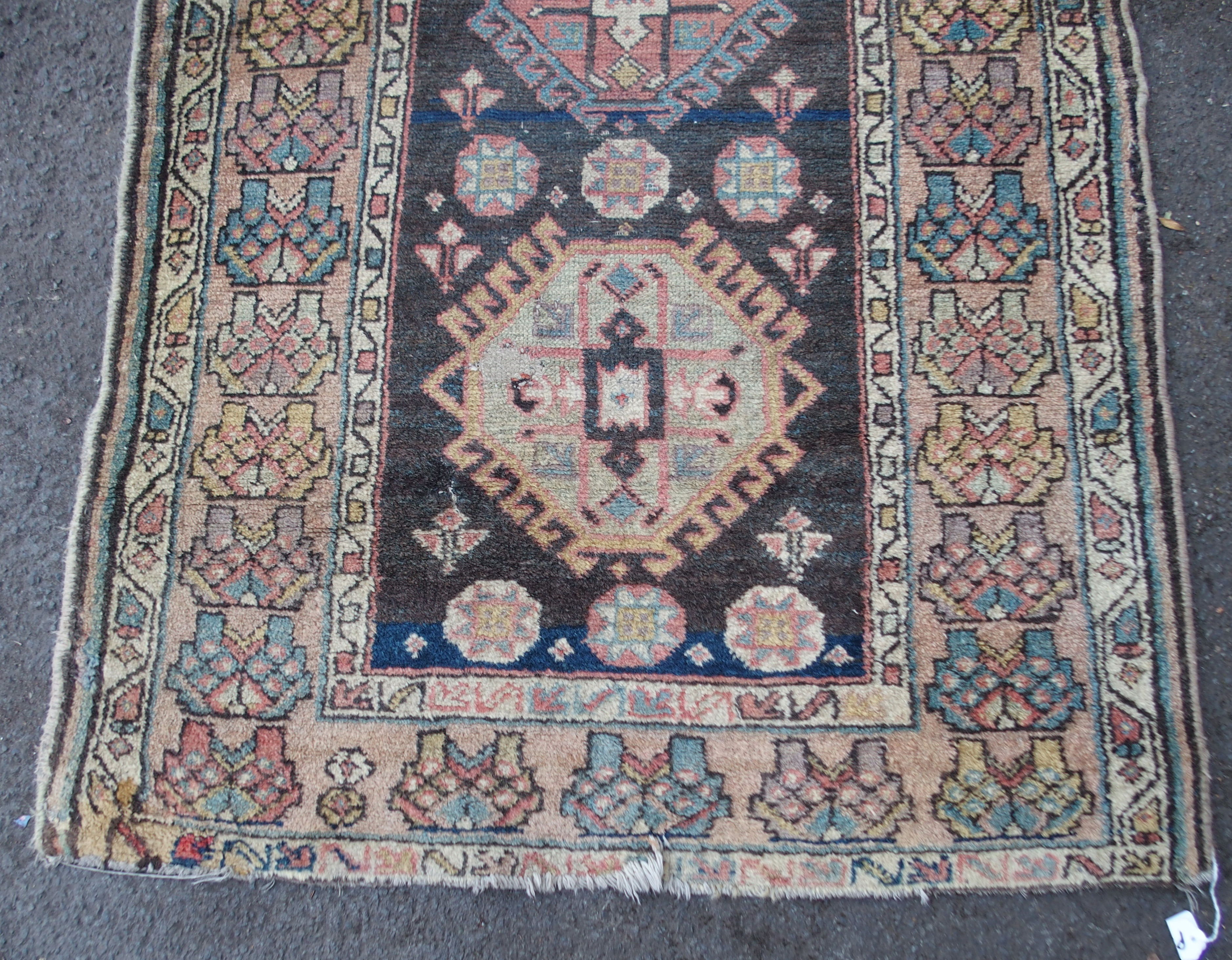 A CAUCASIAN BLUE GROUND RUNNER with nine central medallions and geometric border, 474cm x 96cm and - Image 3 of 10