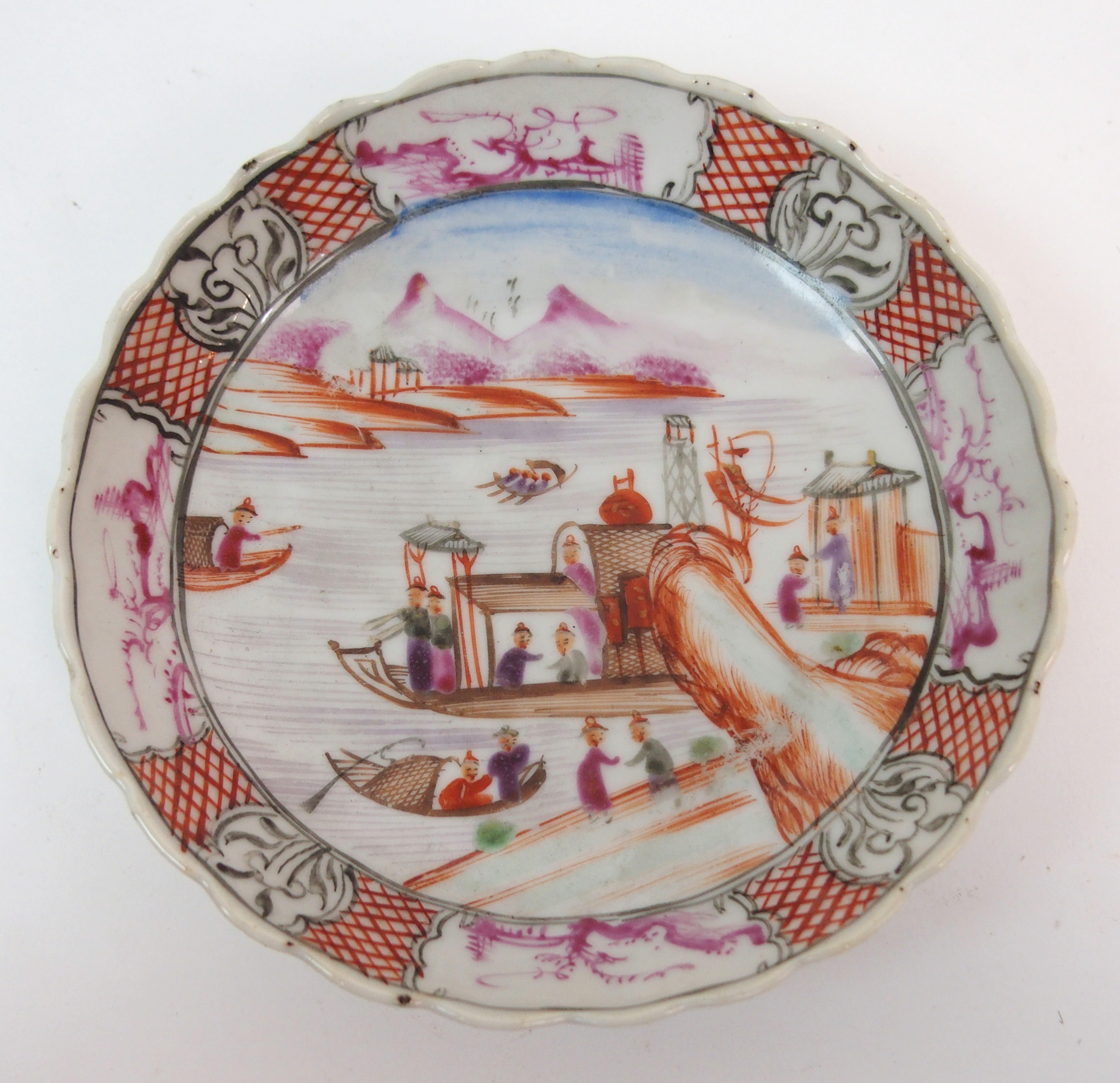 A CHINESE EXPORT SOUP PLATE painted with figures beside a pavilion within a border of landscape - Image 2 of 10