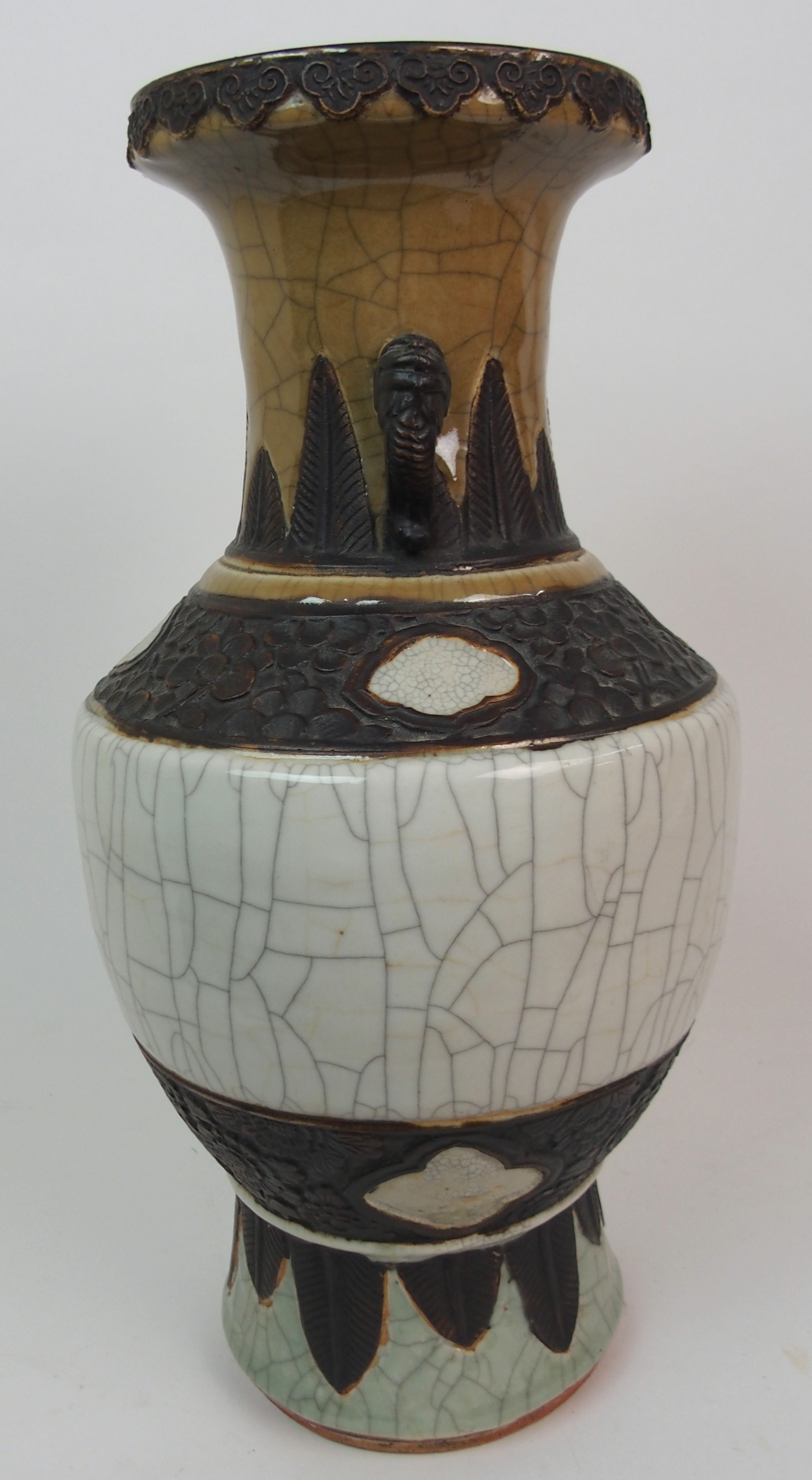 A CHINESE CRACKLEWARE THREE COLOUR VASE with grotesque handles and bands of foliage within stiff - Image 8 of 10