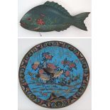 A CHINESE CLOISONNE DISH formed as a fish decorated with a lily, 47cm wide and a large circular