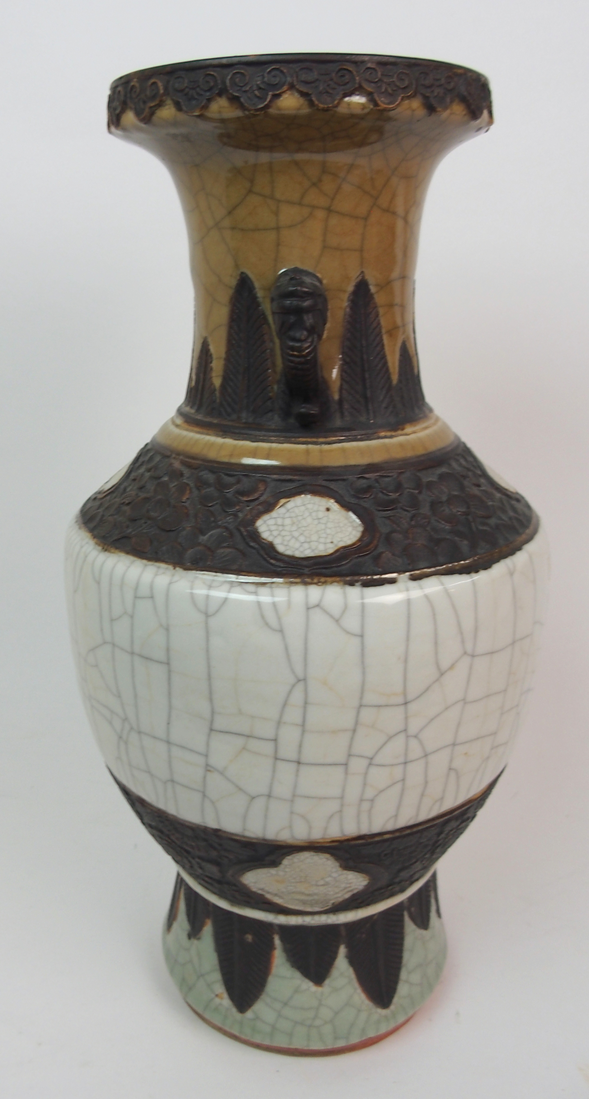 A CHINESE CRACKLEWARE THREE COLOUR VASE with grotesque handles and bands of foliage within stiff - Image 6 of 10