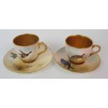 A ROYAL WORCESTER CABINET CUP AND SAUCER transfer printed and overpainted with a mallard duck,