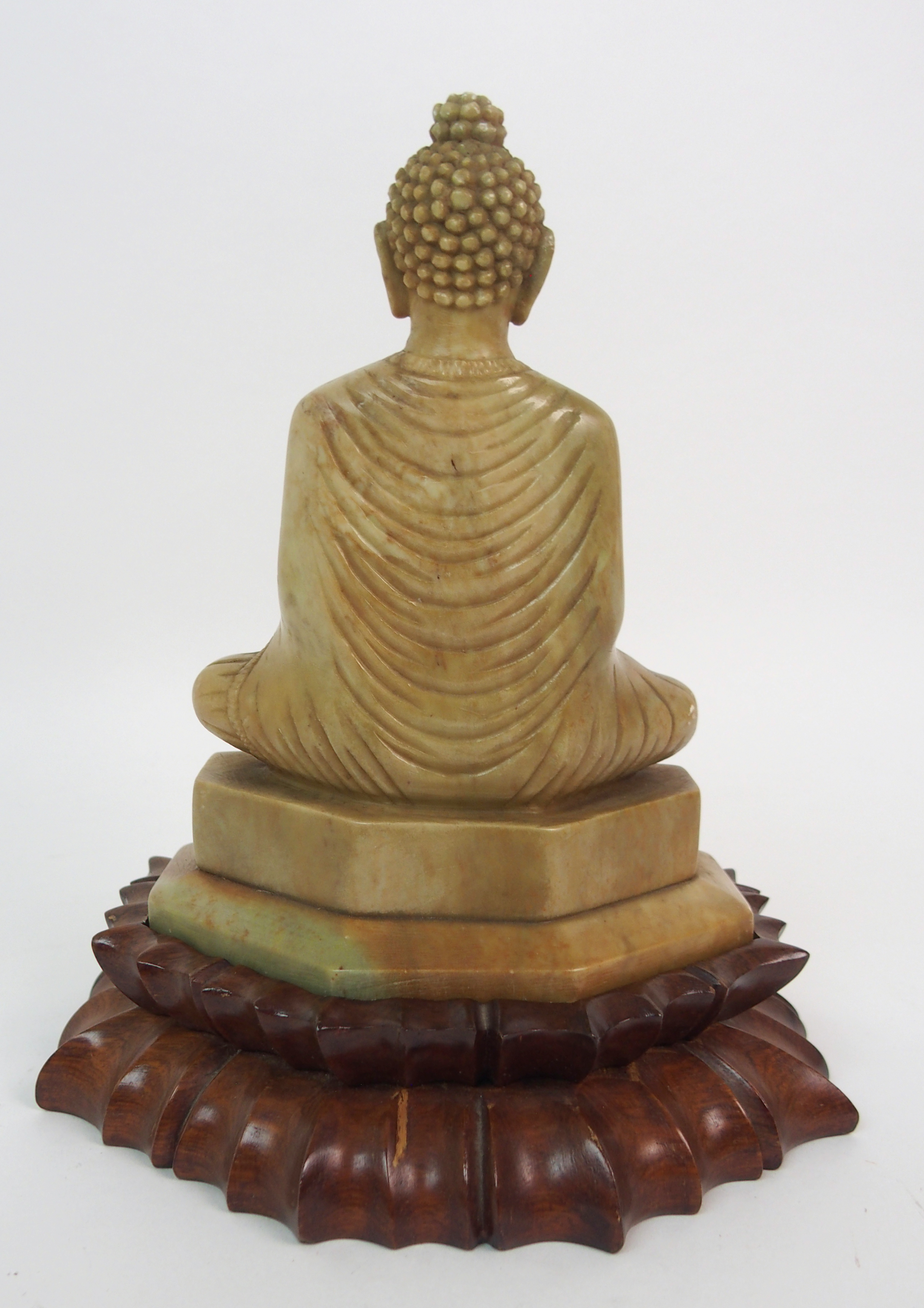 A CHINESE SOAPSTONE CARVING OF BUDDHA 17.5cm high, wood stand, peacock and hen on rockwork, 17cm - Image 6 of 10