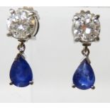 A PAIR OF DIAMOND AND SAPPHIRE EARRINGS the two diamonds have an estimated combined diamond weight