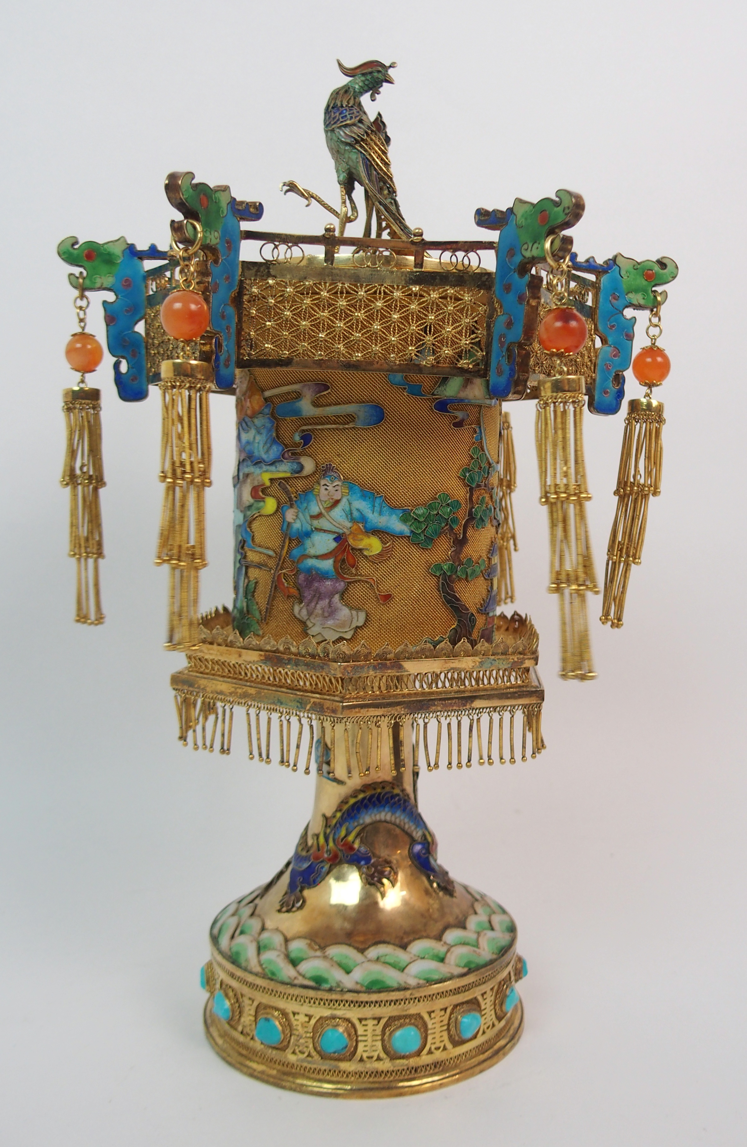 A CHINESE GILT METAL, ENAMEL AND HARDSTONE HEXAGONAL PAGODA CENSER decorated with a peacock finial - Image 7 of 10