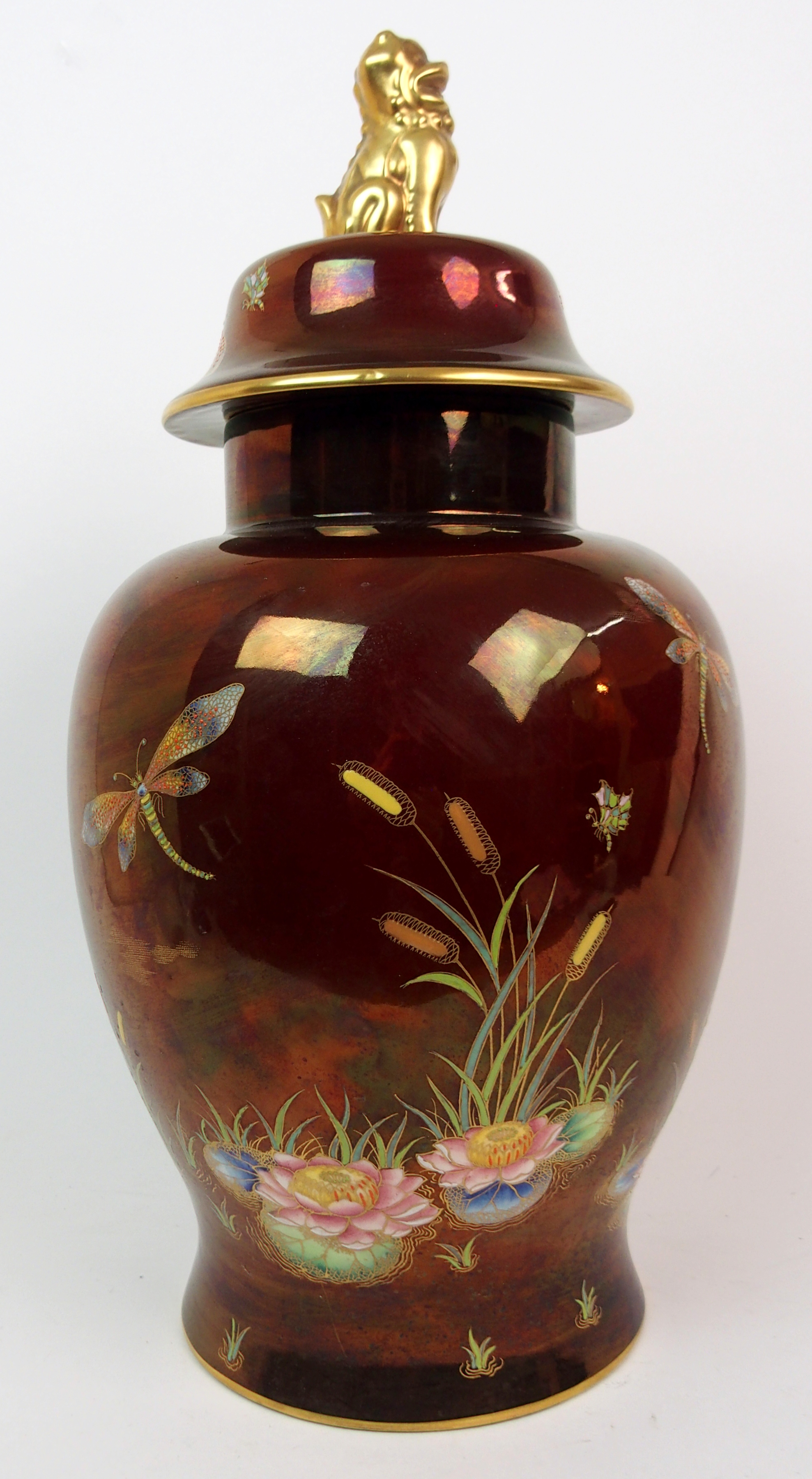 A CARLTON WARE ROUGUE ROYALE JAR AND COVER the body decorated with bullrushes, waterlilies and