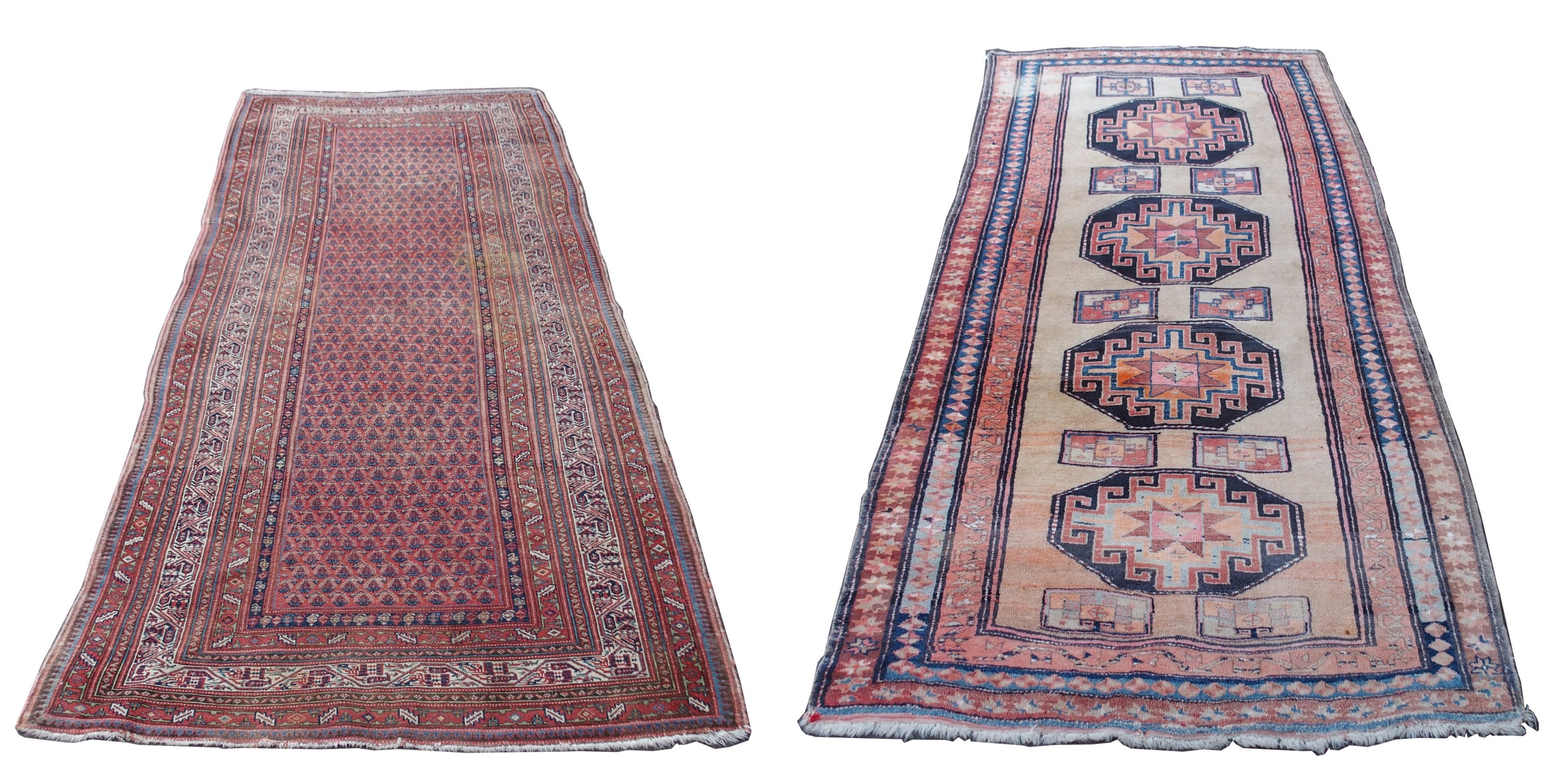 AN ARAAK RED GROUND RUG with multiple borders, 320cm x 150cm and an Eastern rug with four central