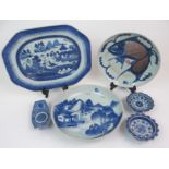 A CHINESE EXPORT BLUE AND WHITE OCTAGONAL ASHET painted with pavilions on islands, 35cm wide, a