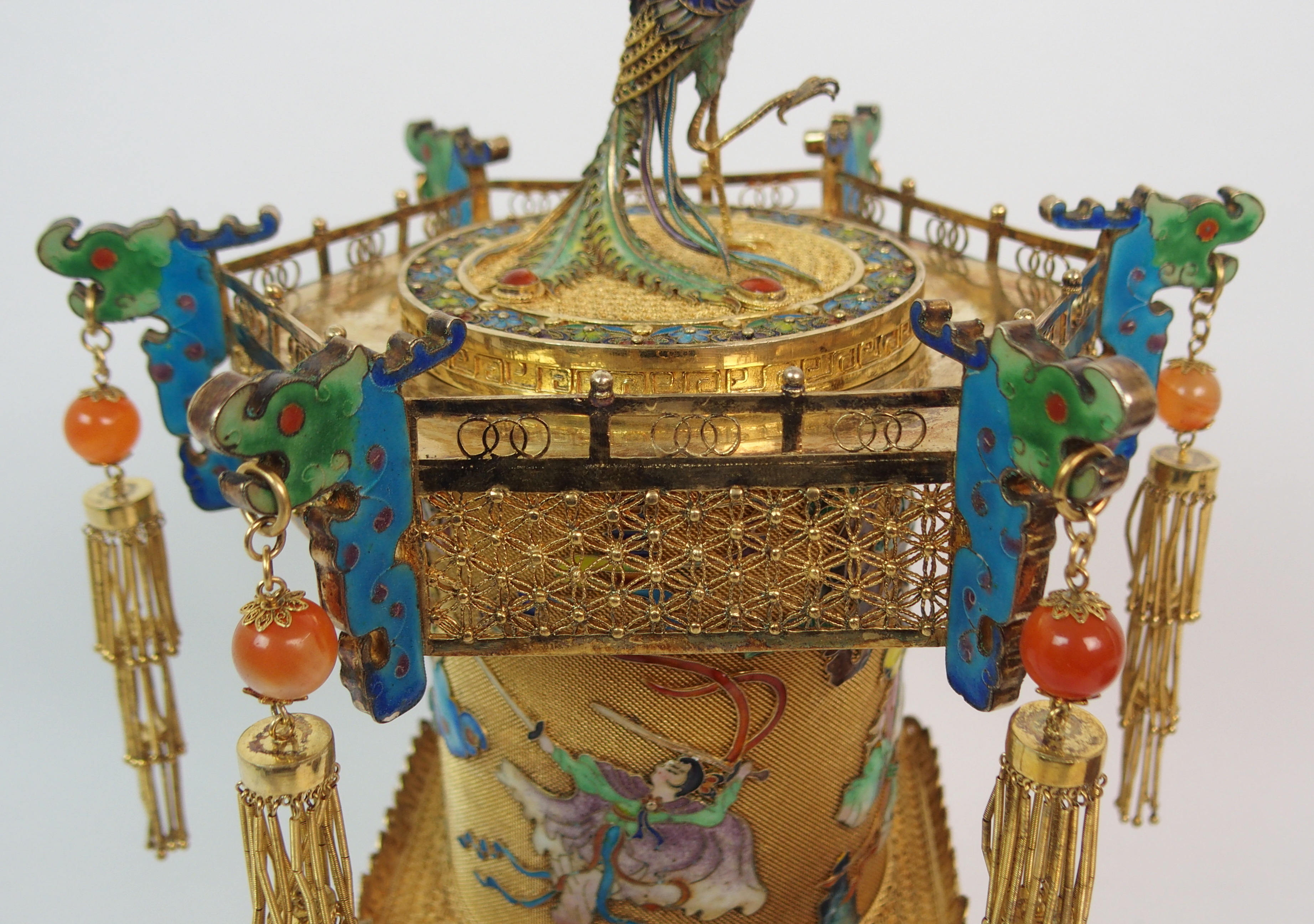 A CHINESE GILT METAL, ENAMEL AND HARDSTONE HEXAGONAL PAGODA CENSER decorated with a peacock finial - Image 3 of 10