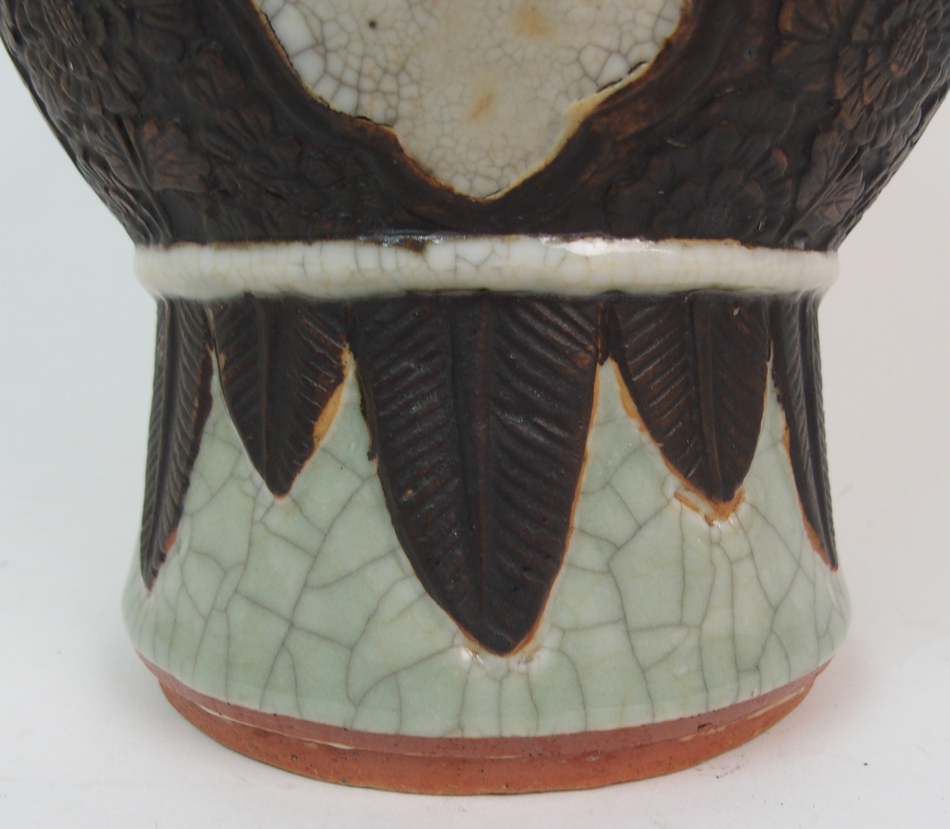 A CHINESE CRACKLEWARE THREE COLOUR VASE with grotesque handles and bands of foliage within stiff - Image 3 of 10