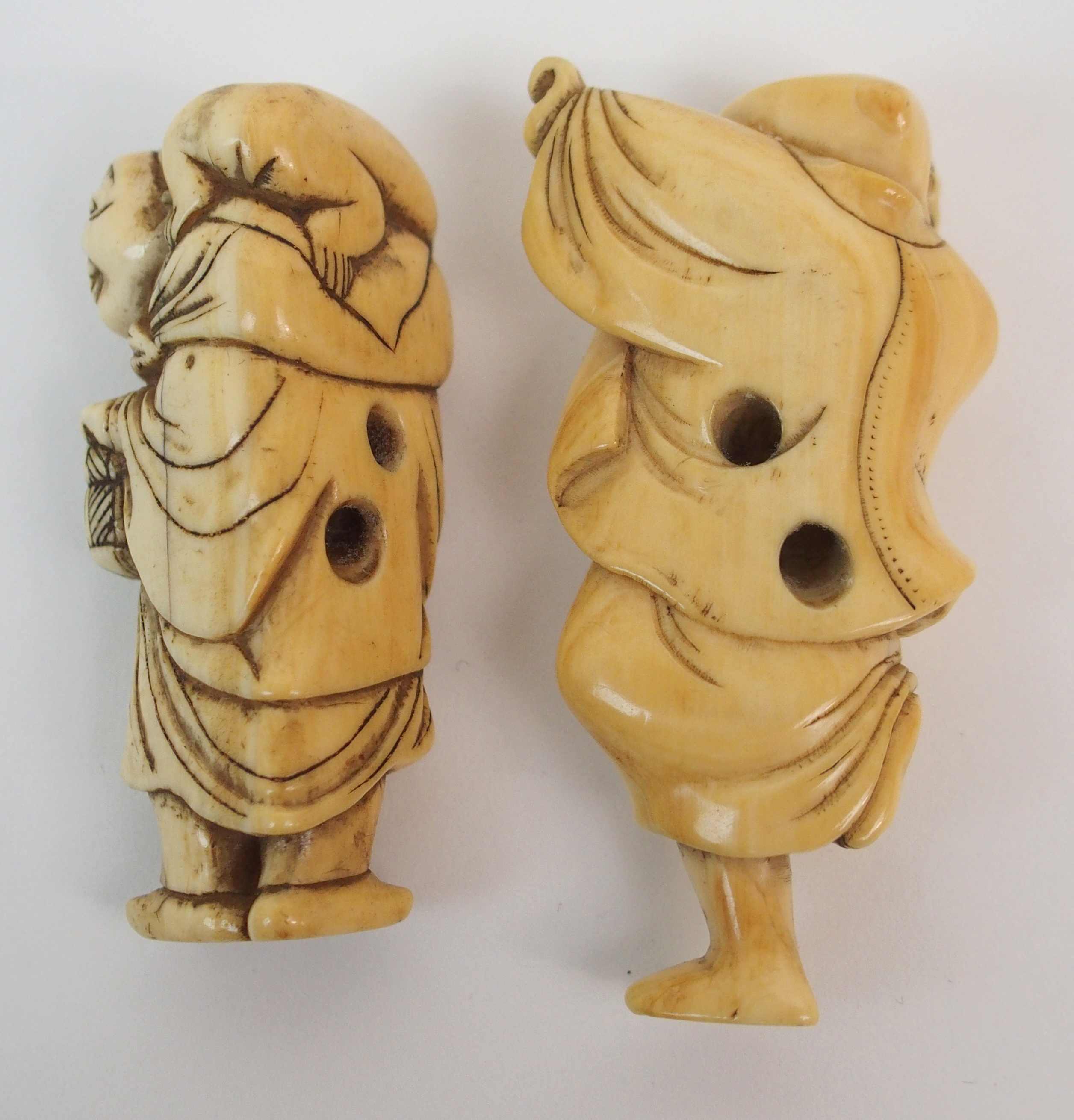 THREE JAPANESE IVORY NETSUKE one with a child seated with a kettle, 3cm high, figure with monkey, - Image 8 of 8