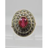 A 14ct gold red gem and rose cut diamond cluster ring. Finger size P, weight 6.9gms