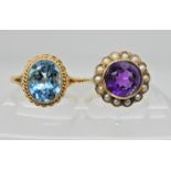 A 9ct gold blue topaz ring, and an amethyst and pearl ring, weight 7.2gms