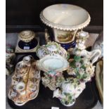 A Derby inkwell, a jardiniere painted with a view of North Wales (def), continental floral pot and