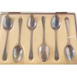 A cased set of six silver dessert spoons, unclear marks, 152gms