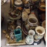 A collection of Persian style pottery, brass tray and candlesticks, alabaster head, ships funnel