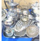 A tray lot of EP - tea service, cakestand, dishes etc