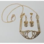 A 9ct gold Mackintosh style necklace, length of chain 44cm, with a pair of similar earrings length