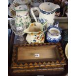 A pen work glass topped box, a Britannia pottery jug in Moyen pattern, other jugs etc