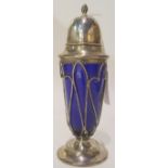 A silver sugar castor with blue glass liner, Birmingham 1904