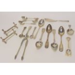 A lot comprising assorted silver teaspoons, salt spoons, caddy spoon and EP knife rests