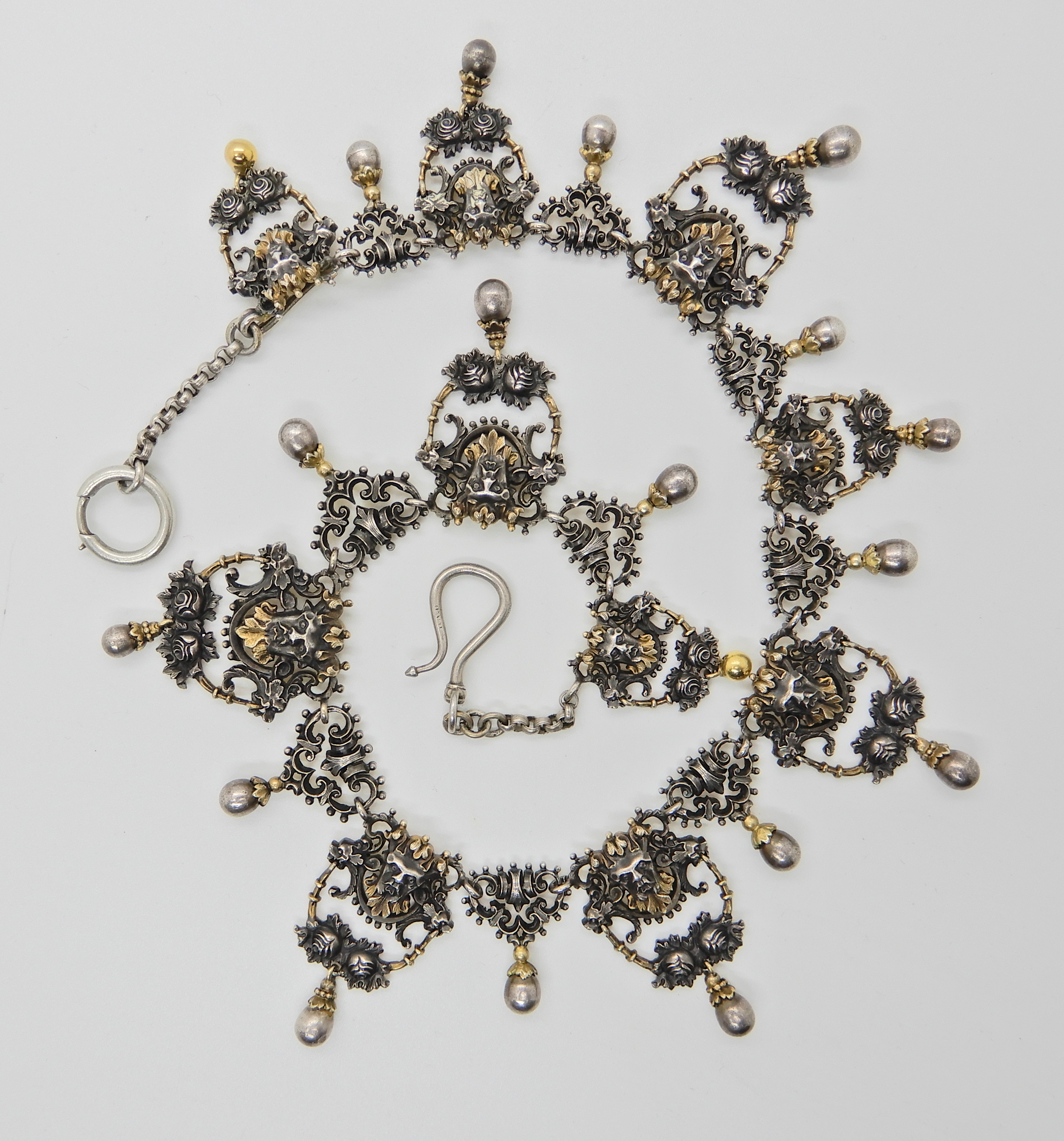 A gilded white metal Gothic design necklace with lion heads and 'Pan' grotesque masks and roses, - Image 2 of 8