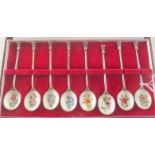 A cased set of eight silver and floral enamel coffee spoons, Birmingham 1975