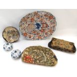 A pair of miniature gourd pots and covers, a satsuma bowl, imari dish and two oriental ladies clutch
