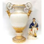 Staffordshire flatback of Robert Burns together with a Meissen twin handled urn with gilt